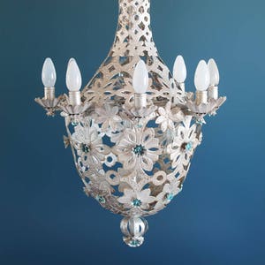 Beautiful Montgolfier chandelier, silver tin and glass beads. midcentury vintage 1950s. image 1