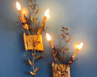 Pair of large gilt iron sconces - wall lights - branches and leaves Mid century 50s-60s.