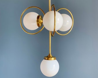 Large and excellent Art-Nouveau ceiling lamp. Golden brass and glass. Antique, early XXth century.