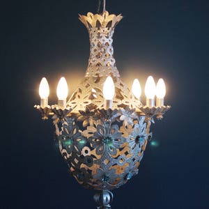 Beautiful Montgolfier chandelier, silver tin and glass beads. midcentury vintage 1950s. image 3