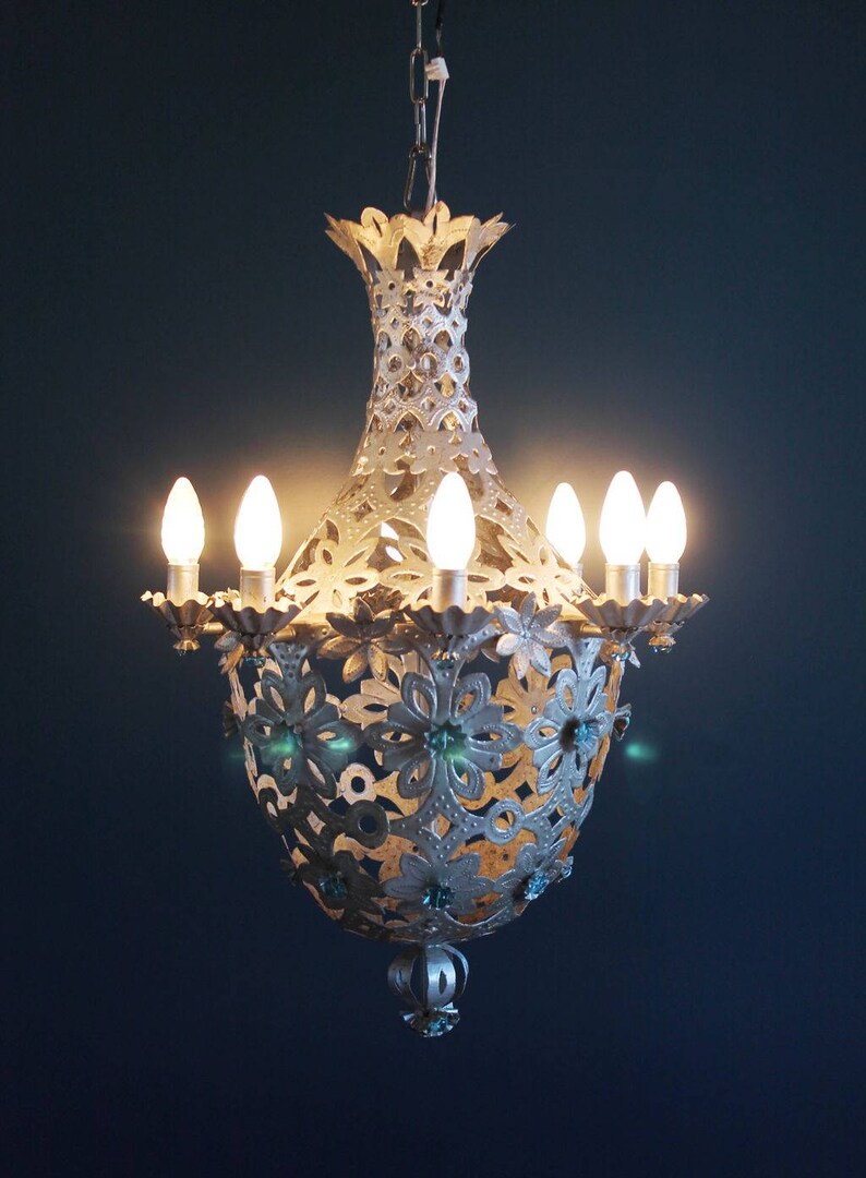 Beautiful Montgolfier chandelier, silver tin and glass beads. midcentury vintage 1950s. image 3