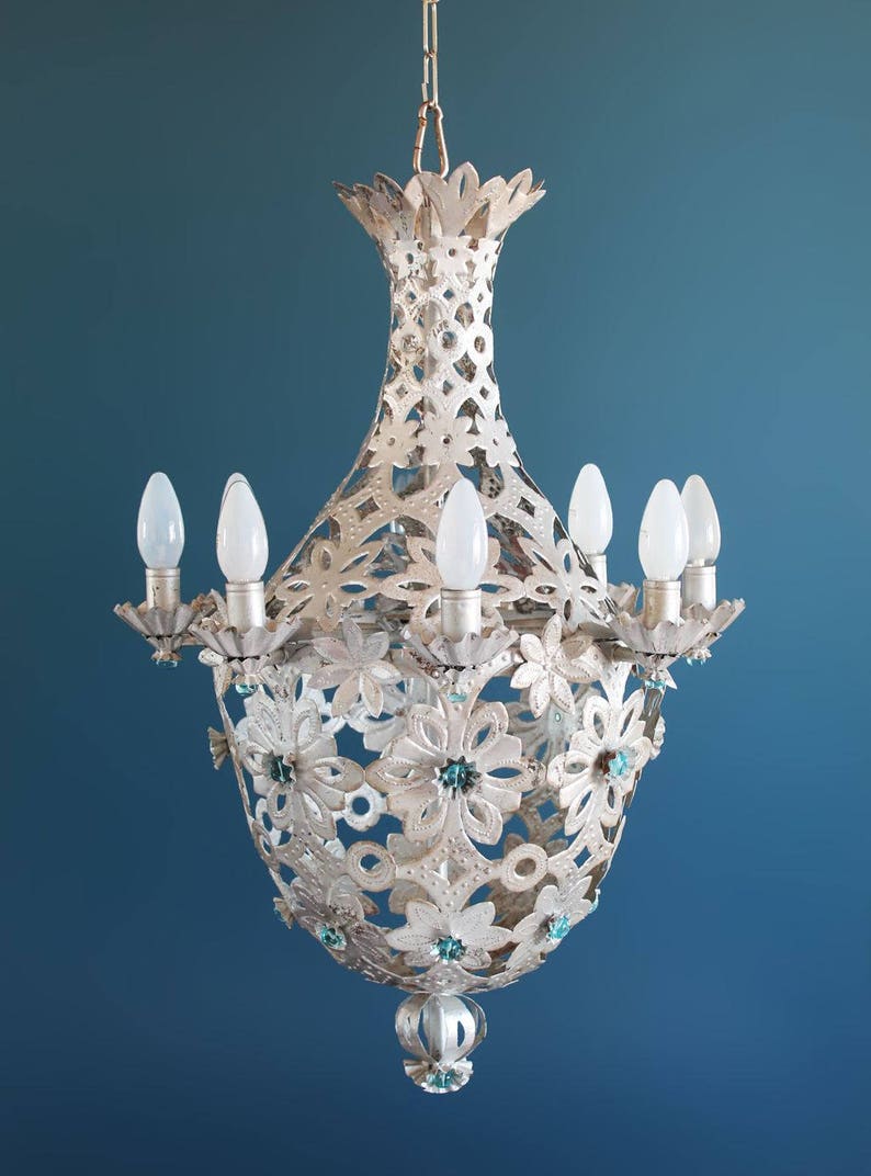 Beautiful Montgolfier chandelier, silver tin and glass beads. midcentury vintage 1950s. image 1