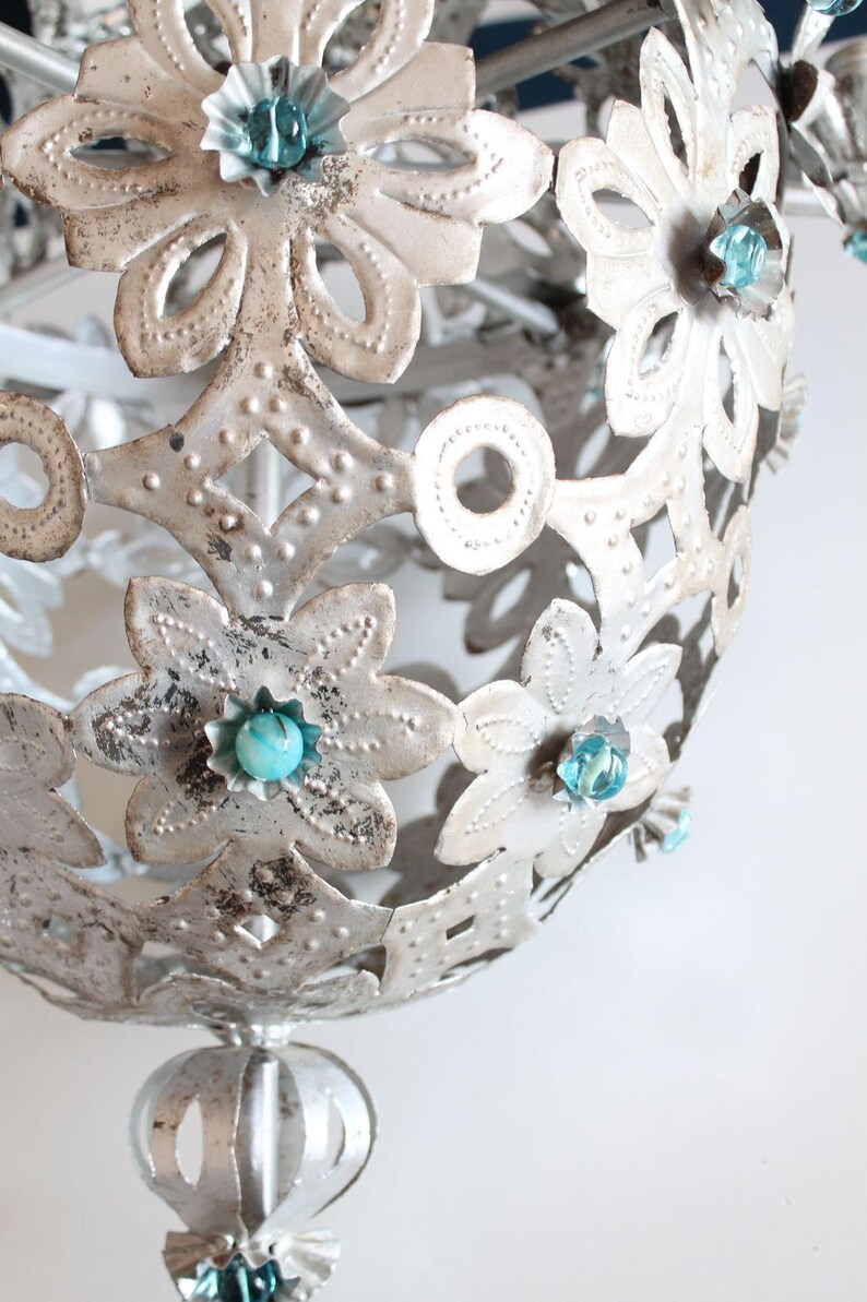 Beautiful Montgolfier chandelier, silver tin and glass beads. midcentury vintage 1950s. image 10