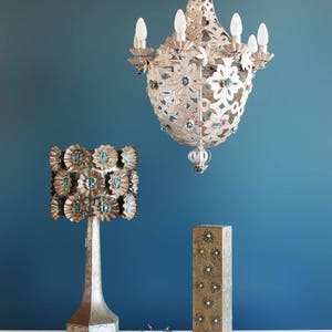 Beautiful Montgolfier chandelier, silver tin and glass beads. midcentury vintage 1950s. image 2