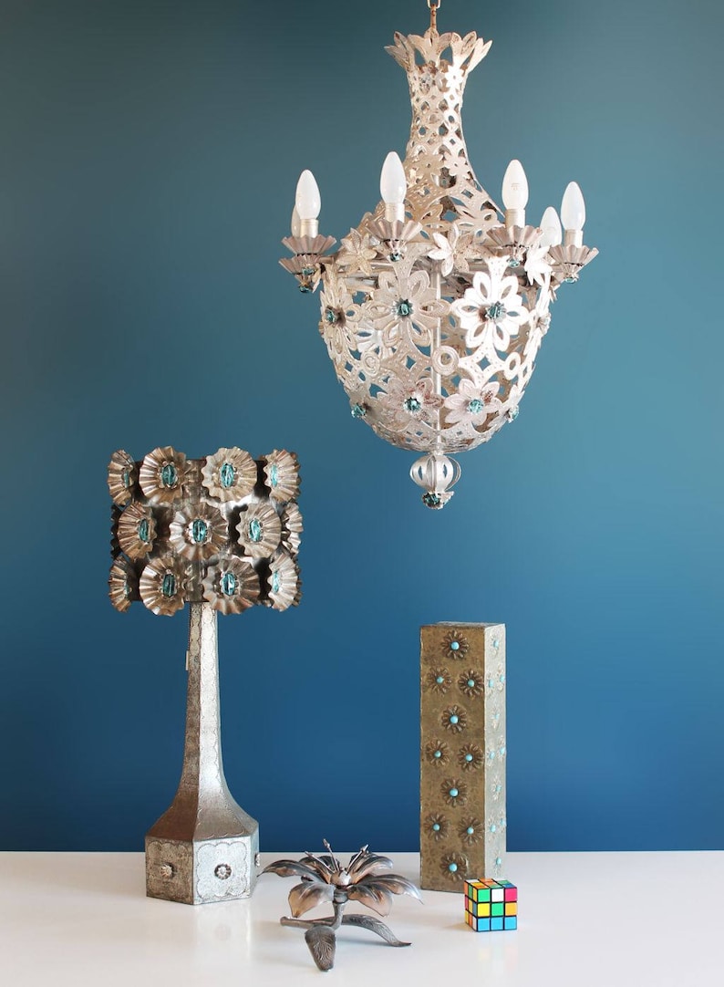 Beautiful Montgolfier chandelier, silver tin and glass beads. midcentury vintage 1950s. image 2