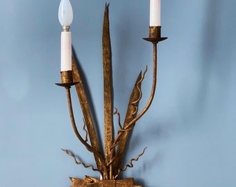 Shabby wall sconce, gilt forging , leaves and ribbon. Mid century vintage 50s-60s.