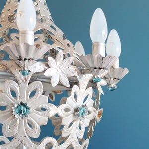 Beautiful Montgolfier chandelier, silver tin and glass beads. midcentury vintage 1950s. image 8