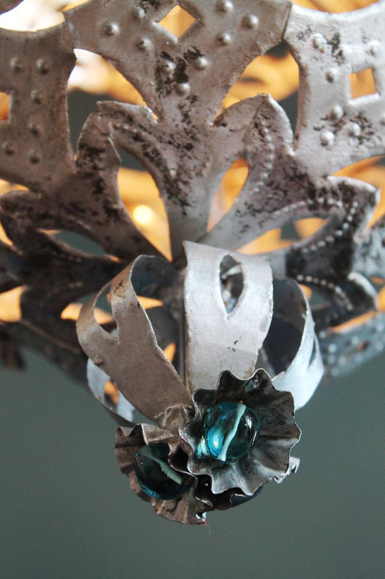 Beautiful Montgolfier chandelier, silver tin and glass beads. midcentury vintage 1950s. image 4