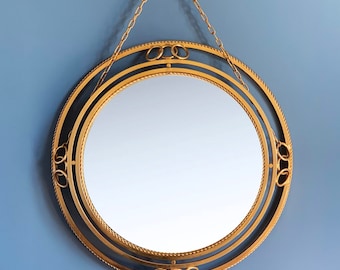 Backlit mirror, golden steel with rings and chain. Empire style. Mid-century vintage 60s.