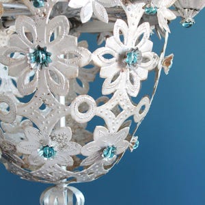 Beautiful Montgolfier chandelier, silver tin and glass beads. midcentury vintage 1950s. image 7