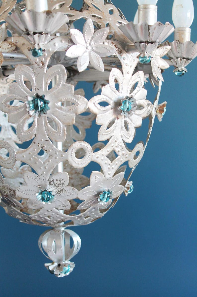 Beautiful Montgolfier chandelier, silver tin and glass beads. midcentury vintage 1950s. image 7