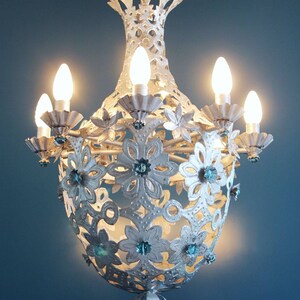 Beautiful Montgolfier chandelier, silver tin and glass beads. midcentury vintage 1950s. image 5