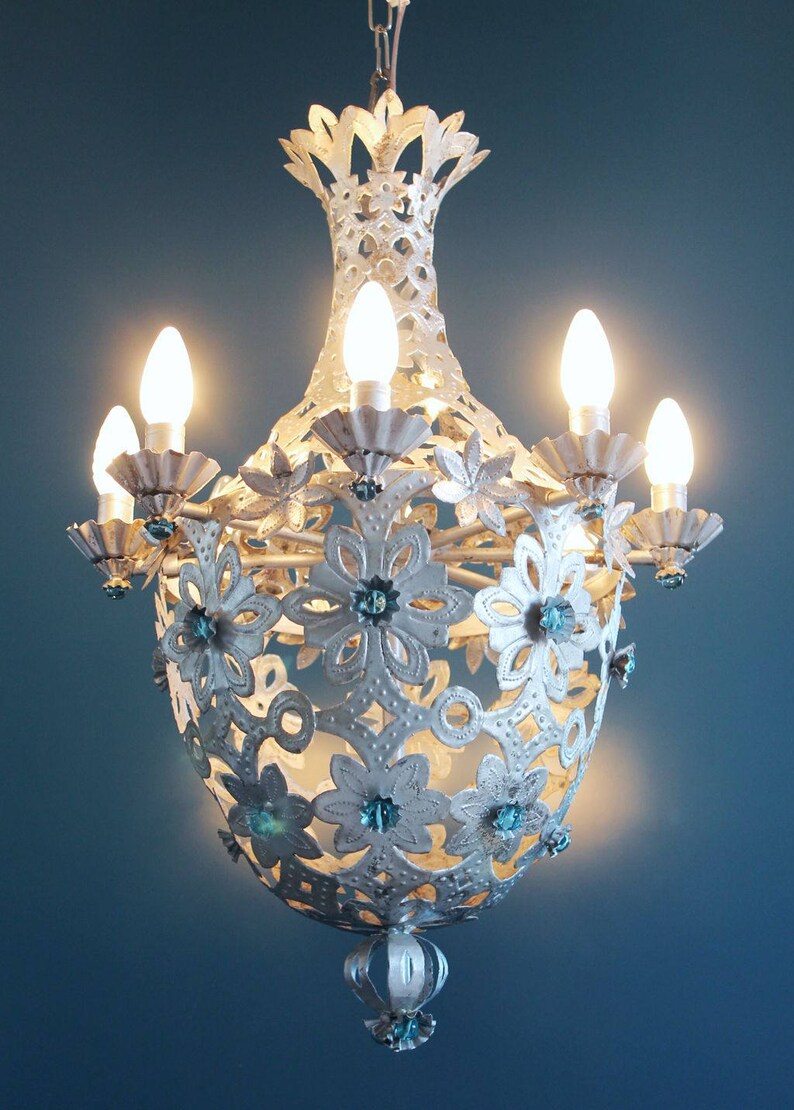 Beautiful Montgolfier chandelier, silver tin and glass beads. midcentury vintage 1950s. image 5