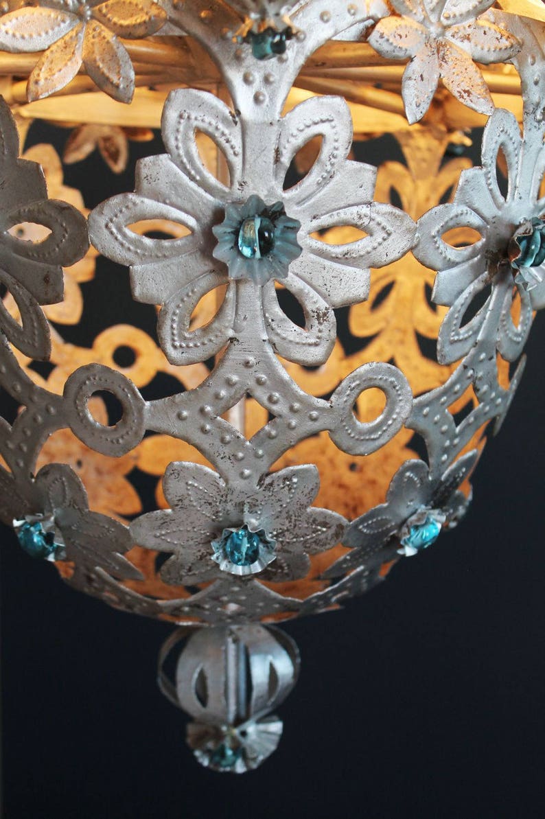 Beautiful Montgolfier chandelier, silver tin and glass beads. midcentury vintage 1950s. image 6