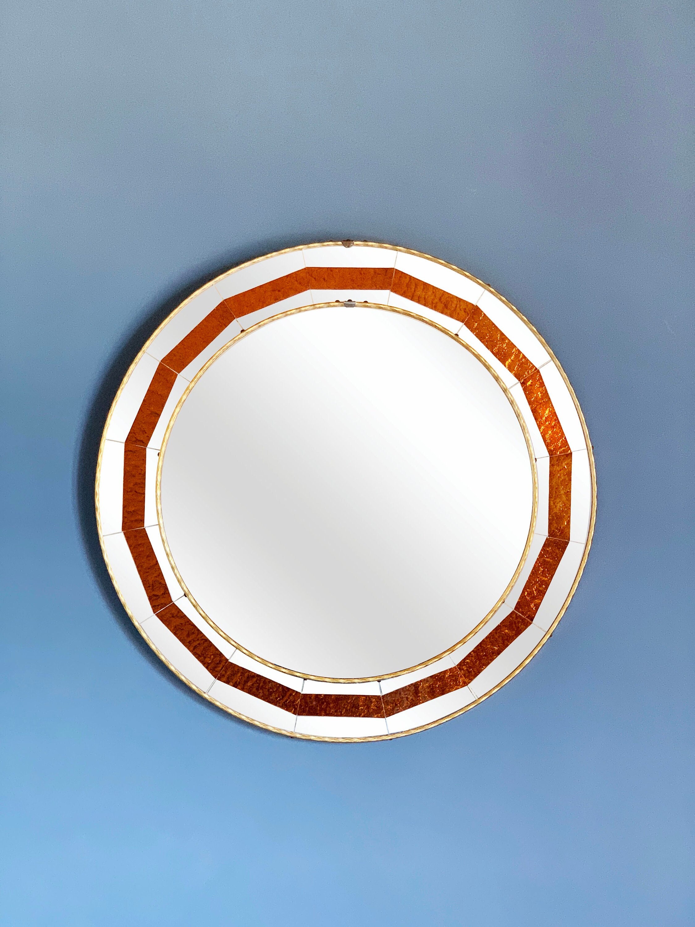 Stunning mid-century mirror with orange glass mosaic frame. Mid century vintage 60s.