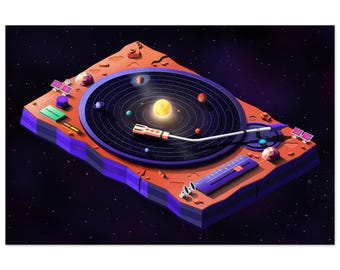 May include: A stylized illustration of a record player with a solar system as the record. The planets are represented by colorful circles, and the sun is a yellow circle in the center. The record player is on a rocky surface with a dark blue background.