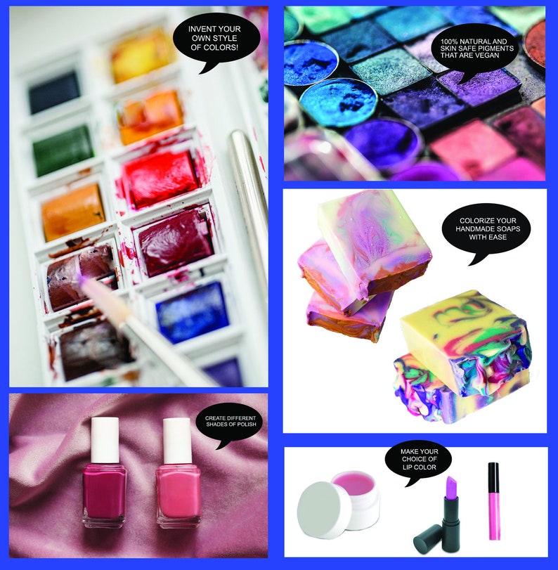 Nail Polish, Lip Balm, Lipstick, Lip Gloss, Cold Processed Soap, Eyeshadows, Watercolor Paints