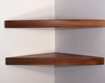 Handmade Dark Walnut Floating Corner Shelf, 18 Inch Wood Home Decor Set of 2