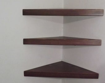 Handmade 18 in Kona Stain Floating Corner Shelf, Rustic Solid Wood Wall Decor Set of 3