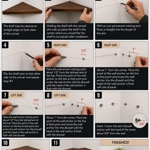 May include: An installation guide for a set of 3 floating corner shelves. The infographic displays 11 numbered steps with text and images showing the use of a screwdriver or drill, wall anchors, and screws with 1/2 inch, 1 inch, and 3/8 inch labels.