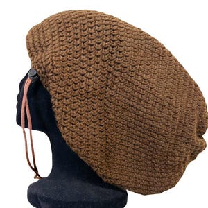 Dark Brown Crochet Beanie with Drawstring: Adjustable Fit for Big Heads, Long Hair, Dreadlocks