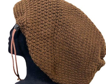 Dark Brown Crochet Beanie with Drawstring: Adjustable Fit for Big Heads, Long Hair, Dreadlocks