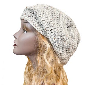 Off White Tweed Crochet Slouchy Beanie: Extra Large Hat