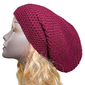 Burgundy Crochet Slouchy Beanie: Extra Large Hat for Long Hair, Dreadlocks