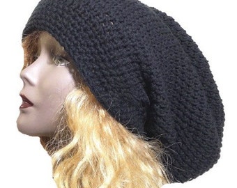 Berretto slouchy nero per donne o uomini, grandi, oversize, teste grandi, dreadlocks, locs, capelli ricci lunghi e spessi, vero fatto a mano, cappello all'uncinetto