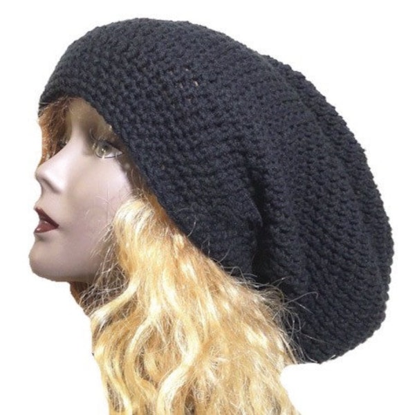 Bonnet noir ample pour femme ou homme, large, surdimensionné, grosses têtes, dreadlocks, cadenas, épais cheveux longs bouclés, vrai fait main, bonnet au crochet