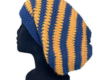 Blue and Gold Slouchy Beanie Hat, Oversized, Handmade for Big Heads, Dreadlocks, Curly Hair, Men, Women, Unisex