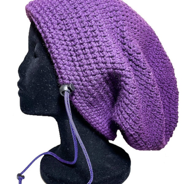 Dreadlock Oversized Purple Beanie with Locking Drawstring, Slouchy Crochet Hat, Big Heads, Long Hair, Locs, Outdoor Work