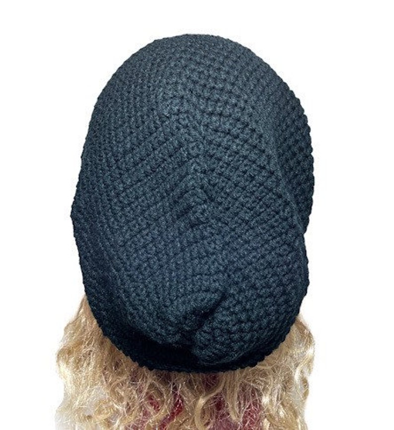 Black Slouchy Beanie for Women or Men, Large, Oversized, Big Heads, Dreadlocks, Locs, Thick Long Curly Hair, Real Handmade, Crochet Hat image 6