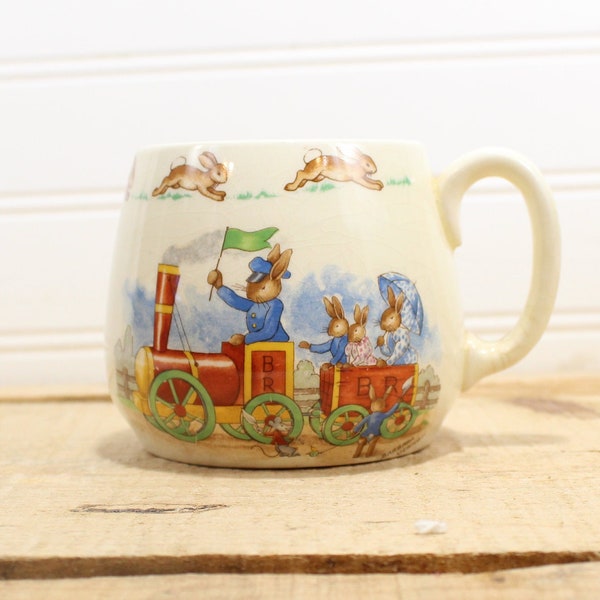Bunnykins Mug, Barbara Vernon, 1940's Royal Doulton Bunny Town Railroad station child's mug, Made in England, Vintage 1940