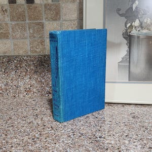 May include: A hardcover book with a blue cover, titled "Guide to Bird Finding". The book is standing upright on a speckled countertop, with a framed picture in the background.
