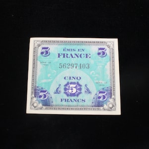 1944 Bank Notes France - Allied Military Currency - AMC - France 5 Francs, issued by the Allied military, good condition