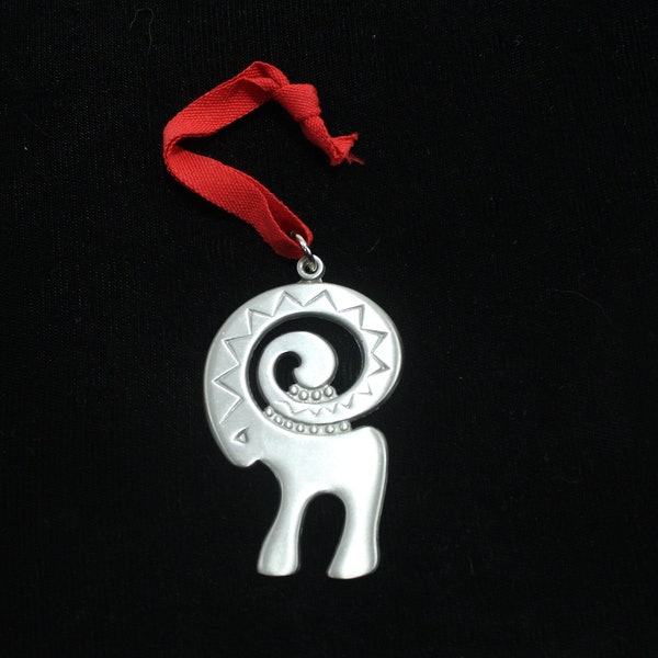 R. Tennesmed Sweden, Pewter Ram Pewter Pendant, Scandinavian Modern Design, Fan pull or Ornament, with red ribbon/cord