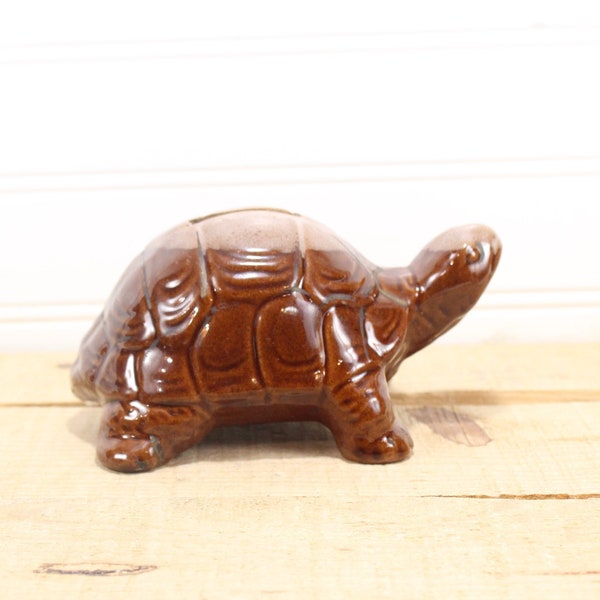 Coin Bank, Brown Umber Turtle ceramic bank , NO STOPPER, Redware Clay, 1970's vintage