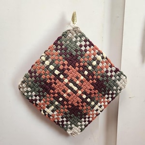 Hand Woven Potholder Cotton Loops, off white, avocado, cranberry, rust, brown, tan, yellow, old fashion style Hot Pad
