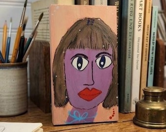 Folk Art Portrait of a person - Original painting Signed on board, Brown Hair Purple face