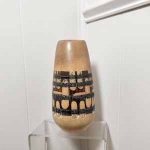 Lapid Pottery Israel Modern Design Art Pottery, MCM Vase, Lava Glaze geometric design, 1944-1990, Wax Resist Pattern Artist sign DL 1970&#39;s