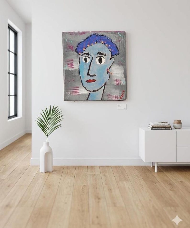 Folk Art Portrait Blue Hair Lady - Painting Signed on Board - 4 X 3 5/8 ...