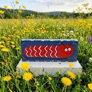 May include: A rectangular, hand-painted wooden box with a whimsical caterpillar design. The box is painted blue with a red caterpillar featuring white zigzags. The caterpillar has a smiling face. The box is set on a white surface in a field of wildflowers.
