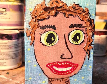 Folk Art Portrait of a person - Original painting Signed on board, Brown hair man