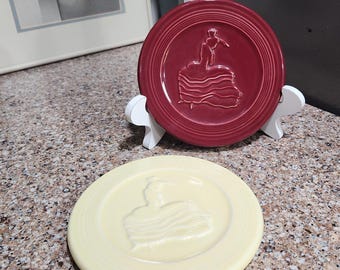 Fiesta ware Post 86 Trivet, Dancing Lady, CHOICE Yellow - Cinnabar, Vintage Homer Laughlin