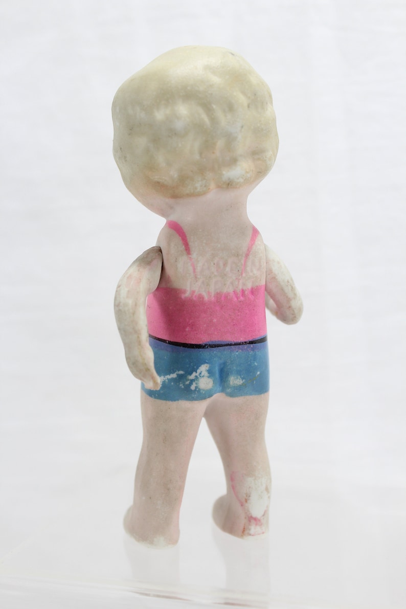 Bisque jointed arms Doll Vintage 1930/'s Japan Bathing Beauty Ceramic Bisque Penny doll Molded blonde hair with blue ribbon