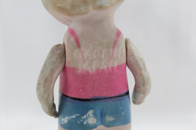 Bisque jointed arms Doll Vintage 1930/'s Japan Bathing Beauty Ceramic Bisque Penny doll Molded blonde hair with blue ribbon