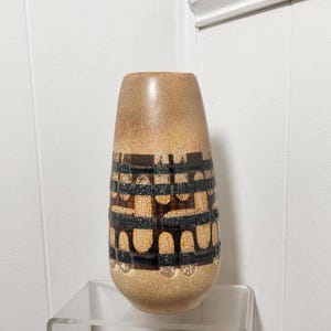 Lapid Pottery MCM Geometric Design Art Pottery Vase, Lava Glaze, Artist sign DL 1970's