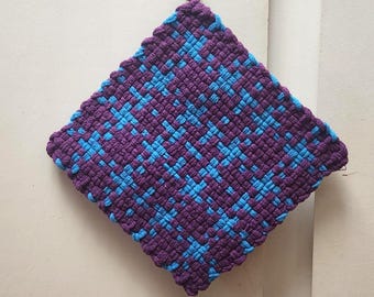 Hand Woven Cotton Potholder, Plum, Turquoise, old fashion style Hot Pad