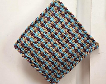 Hand Woven Cotton Potholder, Burgundy, Ochre, Turquoise, old fashion style Hot Pad